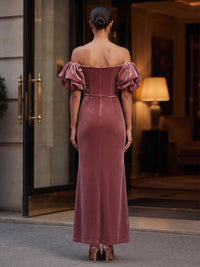 Sheath/Column Off Shoulder Velvet Tea-Length Formal Dresses with Ruched Bodice & Ruffles