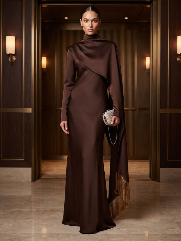Mermaid/Trumpet High Neck Satin Maxi Formal Dresses with Tassel & Side Sash