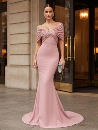 Mermaid/Trumpet Off Shoulder Satin Maxi Formal Dresses with Sequin & Sweep Train