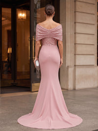 Mermaid/Trumpet Off Shoulder Satin Maxi Formal Dresses with Sequin & Sweep Train