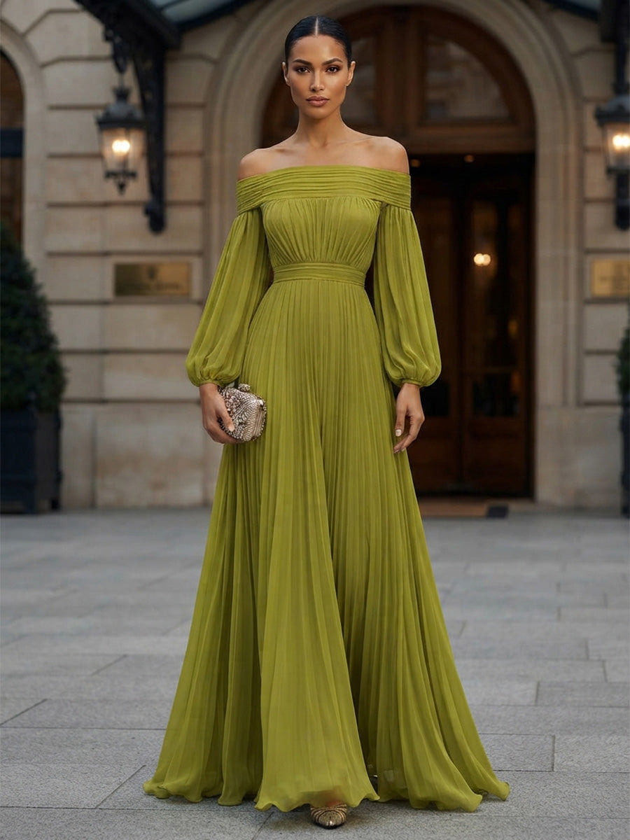 A-Line/Princess Off Shoulder Chiffon Maxi Formal Dresses with Pleats