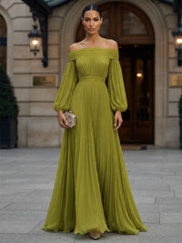 A-Line/Princess Off Shoulder Chiffon Maxi Formal Dresses with Pleats