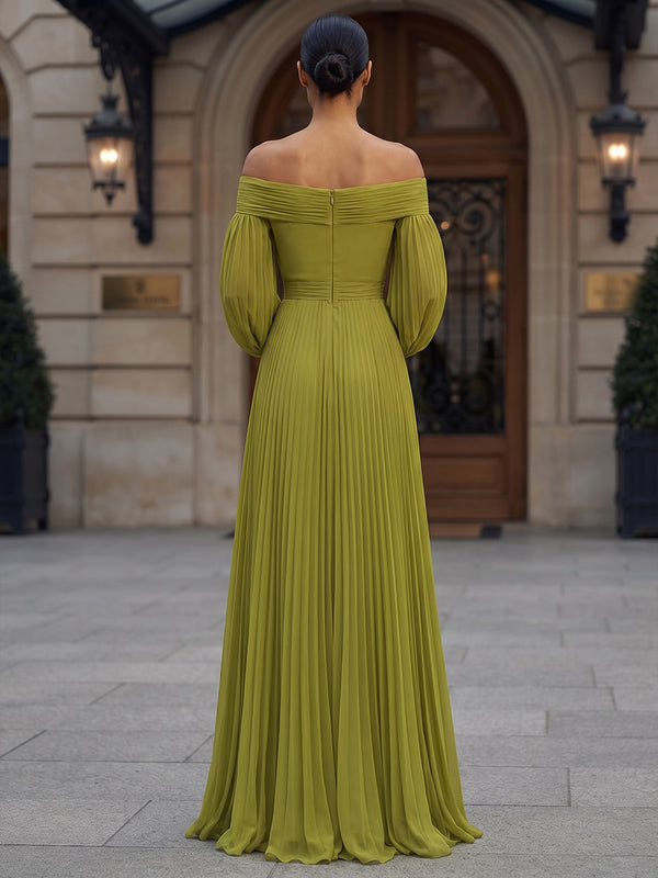 A-Line/Princess Off Shoulder Chiffon Maxi Formal Dresses with Pleats