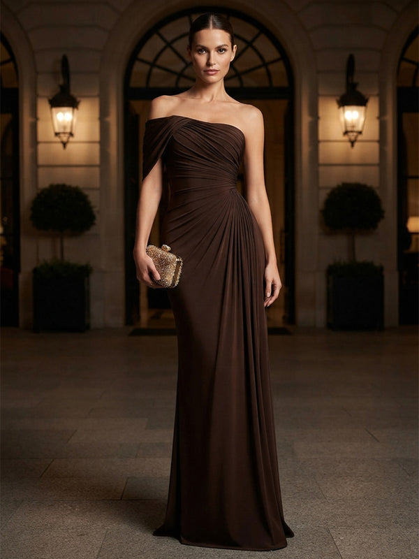 Mermaid/Trumpet One Shoulder Stretch Jersey Maxi Formal Dresses with Ruched Waist