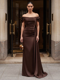 Sheath/Column Off Shoulder Satin Maxi Formal Dresses with Ruched Waist & Side Sash