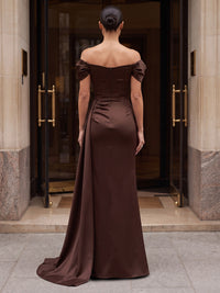 Sheath/Column Off Shoulder Satin Maxi Formal Dresses with Ruched Waist & Side Sash