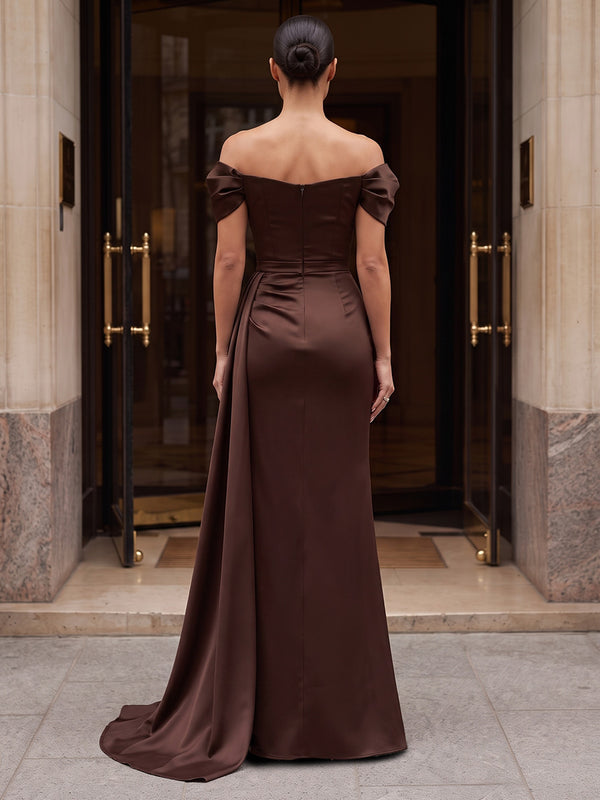 Sheath/Column Off Shoulder Satin Maxi Formal Dresses with Ruched Waist & Side Sash