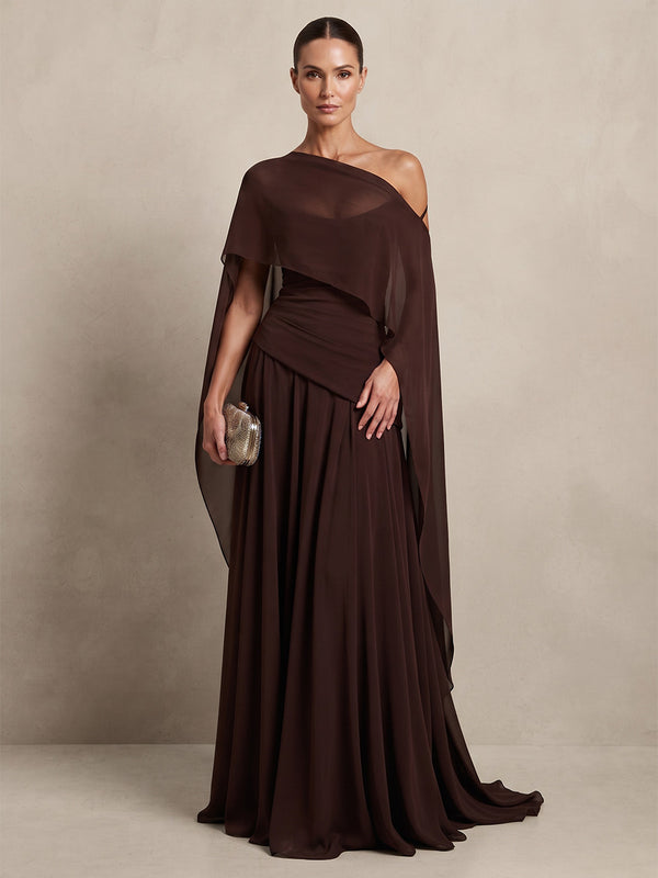 A-Line/Princess Off Shoulder Chiffon Maxi Formal Dresses with Pleats