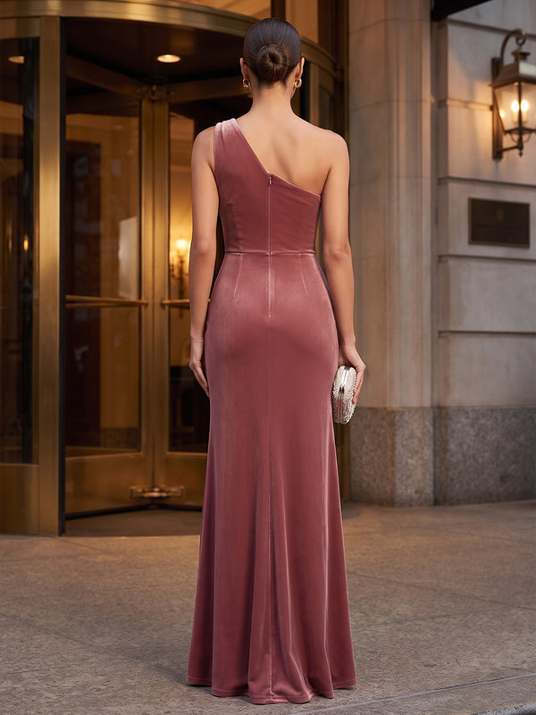 Sheath/Column One Shoulder Velvet Maxi Formal Dresses with Ruched Bodice