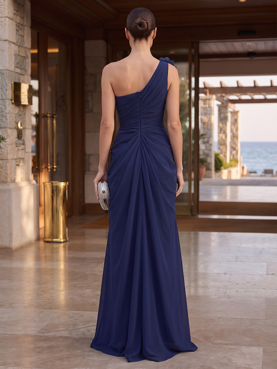 A-Line/Princess One Shoulder Chiffon Maxi Formal Dresses with 3D Flowers & Ruched Waist