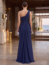 A-Line/Princess One Shoulder Chiffon Maxi Formal Dresses with 3D Flowers & Ruched Waist