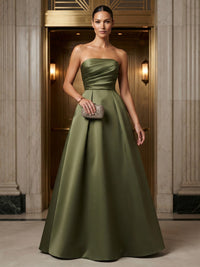 A-Line/Princess Strapless Satin Maxi Formal Dresses with Ruched Bodice