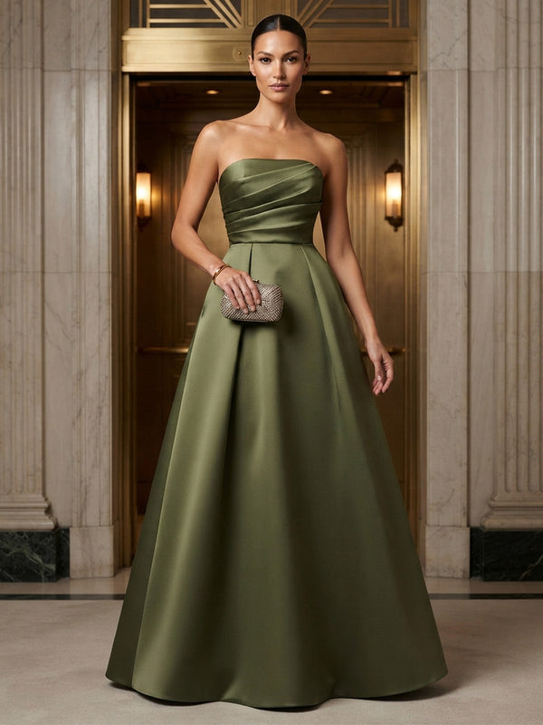 A-Line/Princess Strapless Satin Maxi Formal Dresses with Ruched Bodice