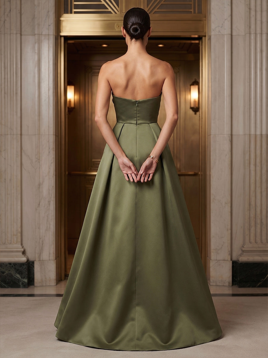 A-Line/Princess Strapless Satin Maxi Formal Dresses with Ruched Bodice