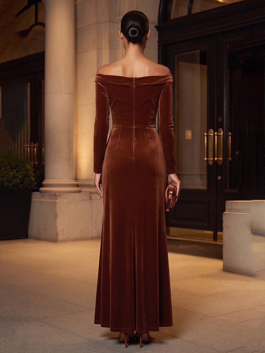 Sheath/Column Off Shoulder Velvet Tea-Length Formal Dresses with Ruched Waist