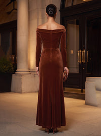 Sheath/Column Off Shoulder Velvet Tea-Length Formal Dresses with Ruched Waist