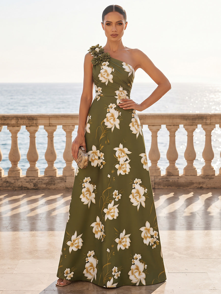 A-Line/Princess One Shoulder Floral Print Maxi Formal Dresses with 3D Flowers & Ruched Bodice