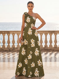 A-Line/Princess One Shoulder Floral Print Maxi Formal Dresses with 3D Flowers & Ruched Bodice