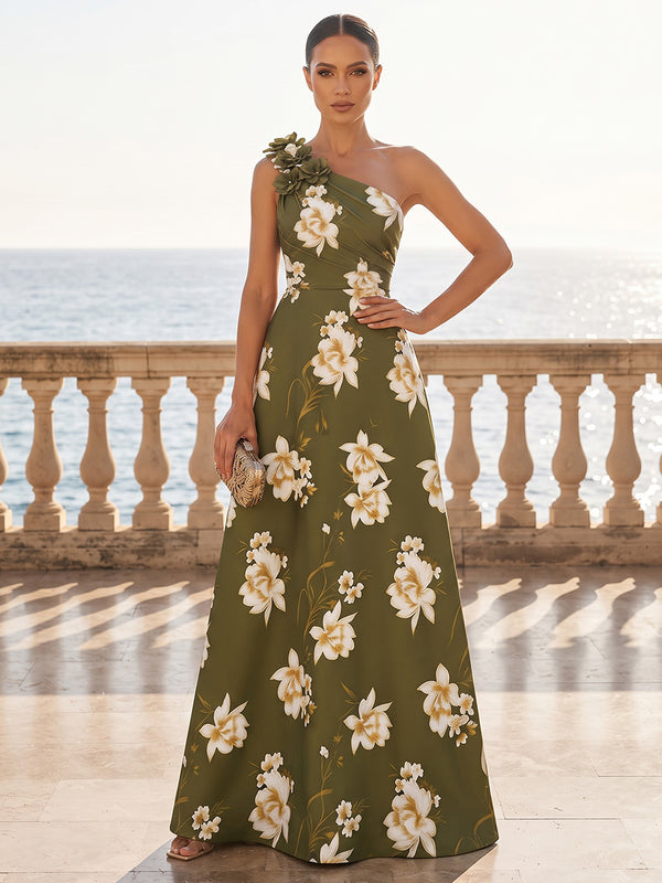 A-Line/Princess One Shoulder Floral Print Maxi Formal Dresses with 3D Flowers & Ruched Bodice
