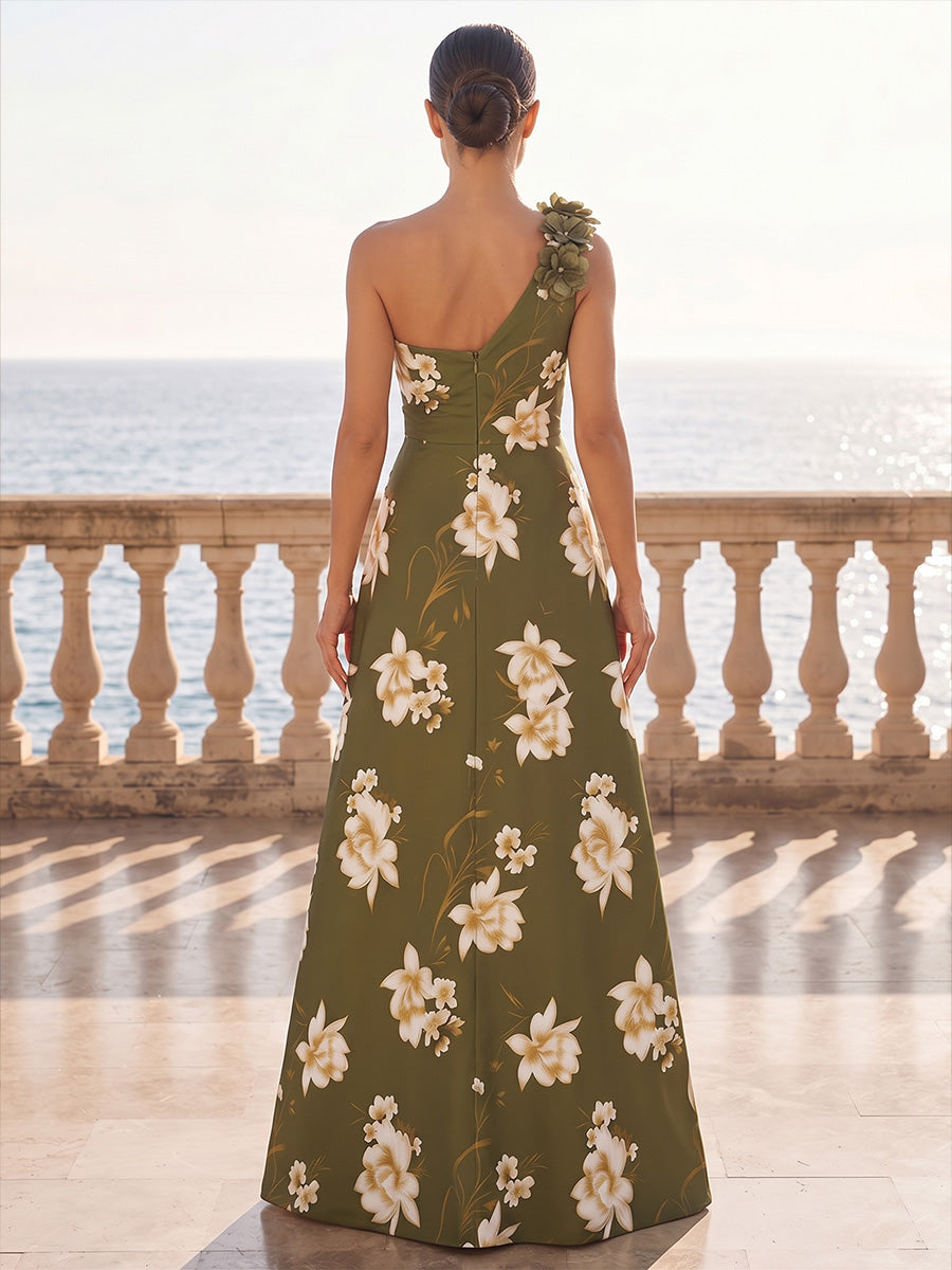 A-Line/Princess One Shoulder Floral Print Maxi Formal Dresses with 3D Flowers & Ruched Bodice