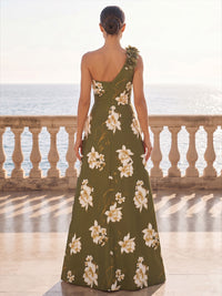 A-Line/Princess One Shoulder Floral Print Maxi Formal Dresses with 3D Flowers & Ruched Bodice
