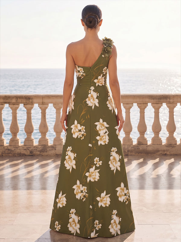 A-Line/Princess One Shoulder Floral Print Maxi Formal Dresses with 3D Flowers & Ruched Bodice