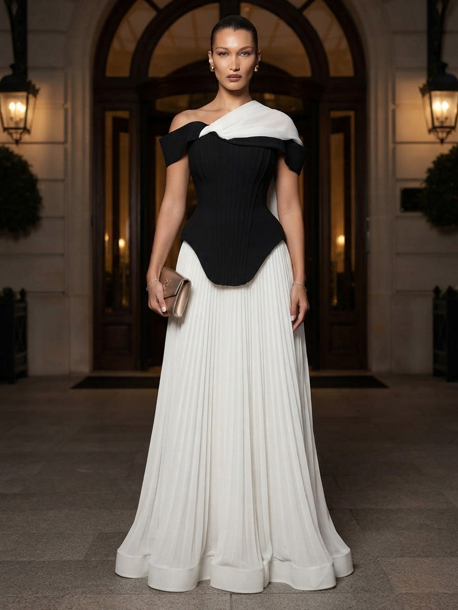 A-Line/Princess Asymmetric Neck Chiffon Maxi Formal Dresses with Pleats & Side Sash