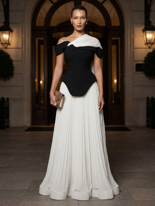 A-Line/Princess Asymmetric Neck Chiffon Maxi Formal Dresses with Pleats & Side Sash