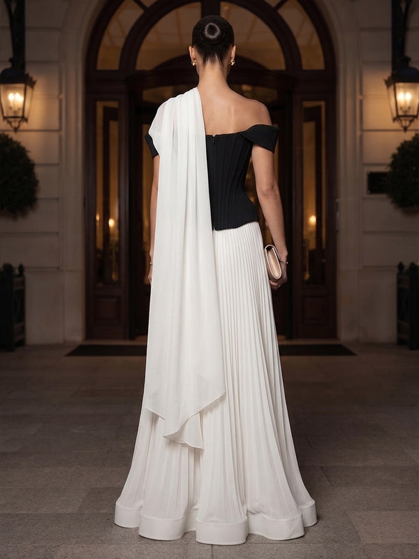 A-Line/Princess Asymmetric Neck Chiffon Maxi Formal Dresses with Pleats & Side Sash