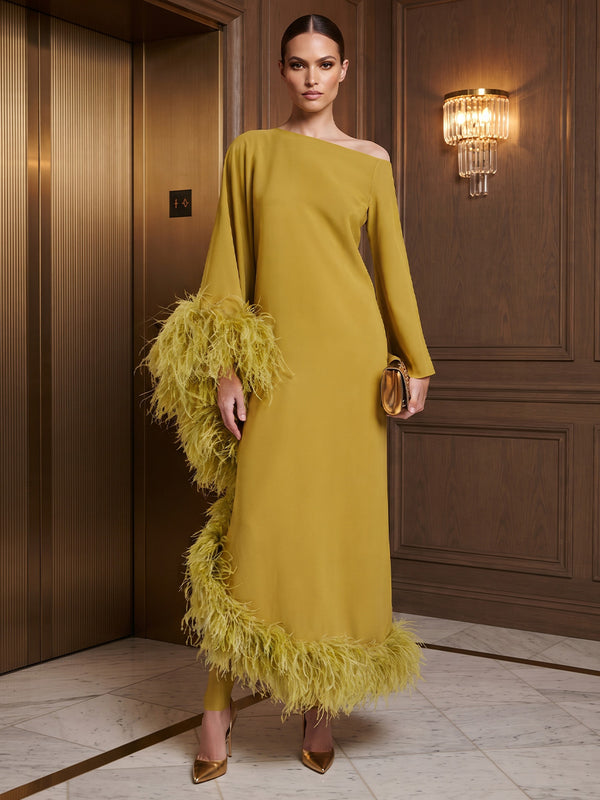 A-Line/Princess Off Shoulder Stretch Jersey Tea-Length Formal Dresses with Feather Trim