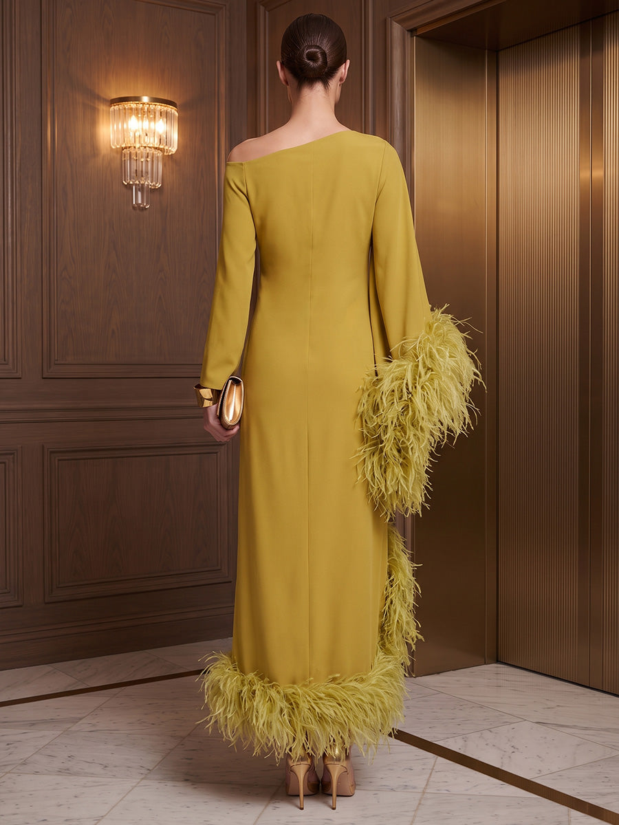 A-Line/Princess Off Shoulder Stretch Jersey Tea-Length Formal Dresses with Feather Trim