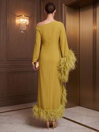 A-Line/Princess Off Shoulder Stretch Jersey Tea-Length Formal Dresses with Feather Trim