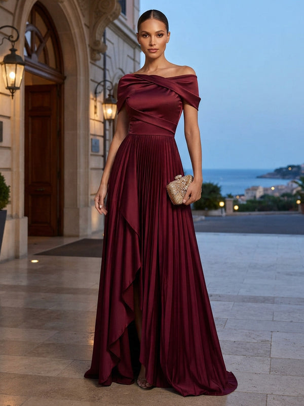 A-Line/Princess Off Shoulder Satin Maxi Formal Dresses with Pleats & Ruffles