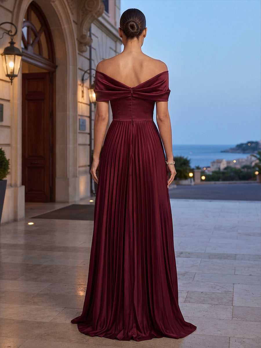 A-Line/Princess Off Shoulder Satin Maxi Formal Dresses with Pleats & Ruffles