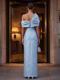 Sheath/Column Off Shoulder Satin Maxi Formal Dresses with Ruched Waist & Slit