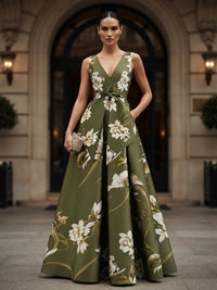 A-Line/Princess V-Neck Floral Print Maxi Formal Dresses with Pleats