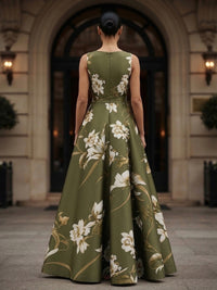 A-Line/Princess V-Neck Floral Print Maxi Formal Dresses with Pleats