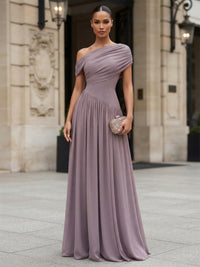 A-Line/Princess Off Shoulder Chiffon Maxi Formal Dresses with Pleats & Ruched Bodice