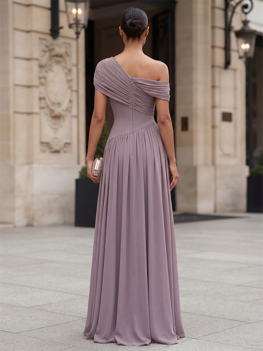 A-Line/Princess Off Shoulder Chiffon Maxi Formal Dresses with Pleats & Ruched Bodice