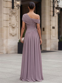 A-Line/Princess Off Shoulder Chiffon Maxi Formal Dresses with Pleats & Ruched Bodice