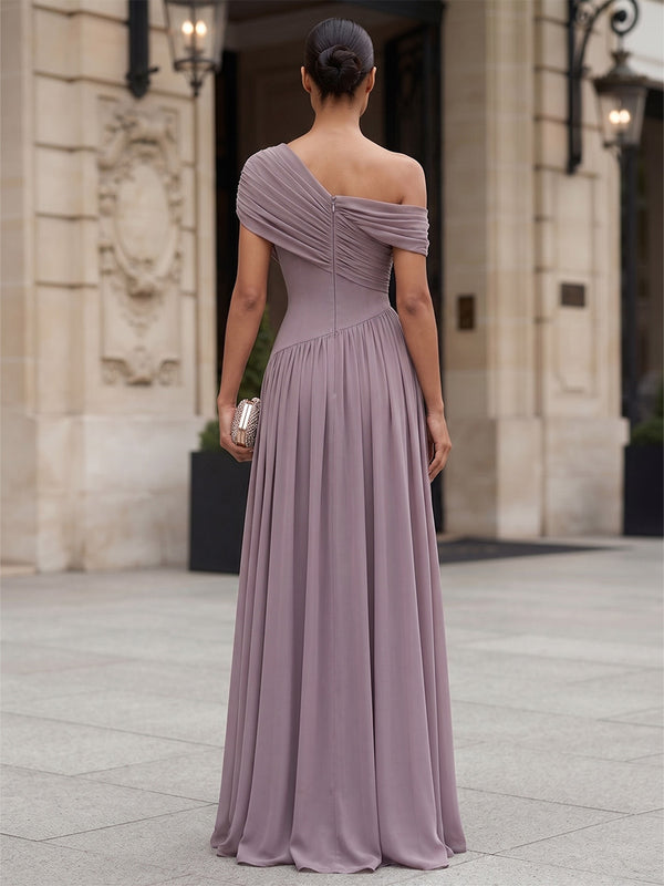 A-Line/Princess Off Shoulder Chiffon Maxi Formal Dresses with Pleats & Ruched Bodice