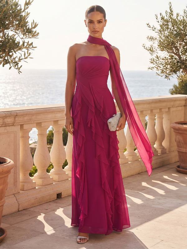A-Line/Princess Strapless Chiffon Maxi Formal Dresses with Scarf & Ruffles