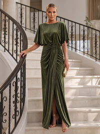 Sheath/Column Scoop Neck Velvet Maxi Formal Dresses with Ruched Waist & Slit