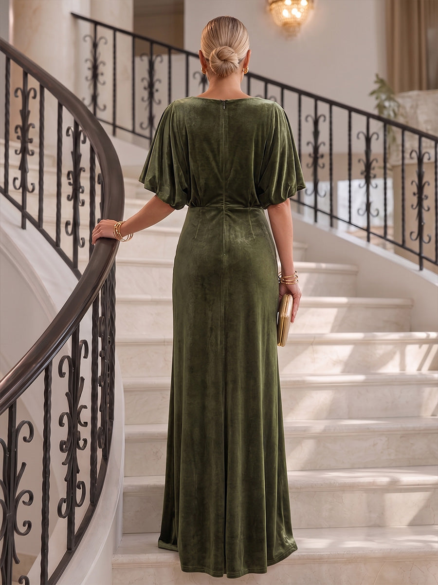 Sheath/Column Scoop Neck Velvet Maxi Formal Dresses with Ruched Waist & Slit