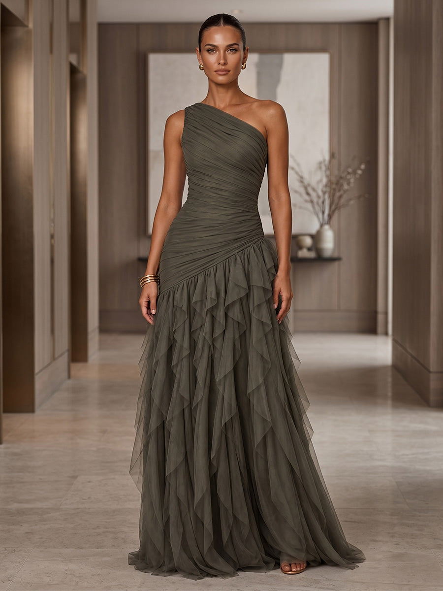 A-Line/Princess One Shoulder Tulle Maxi Formal Dresses with Ruffles & Ruched Waist