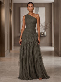 A-Line/Princess One Shoulder Tulle Maxi Formal Dresses with Ruffles & Ruched Waist