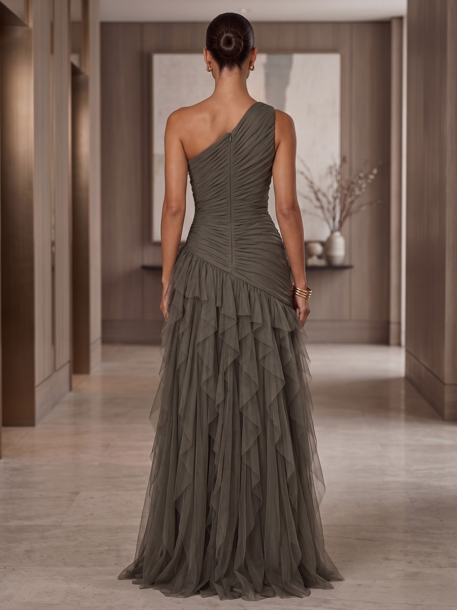 A-Line/Princess One Shoulder Tulle Maxi Formal Dresses with Ruffles & Ruched Waist