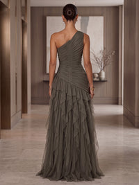 A-Line/Princess One Shoulder Tulle Maxi Formal Dresses with Ruffles & Ruched Waist