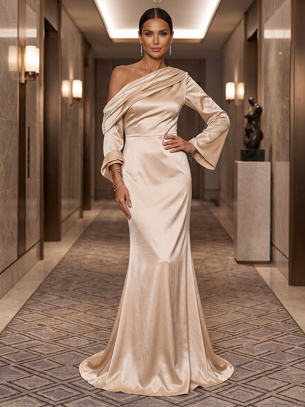 Mermaid/Trumpet Off Shoulder Satin Maxi Formal Dresses with Sweep Train