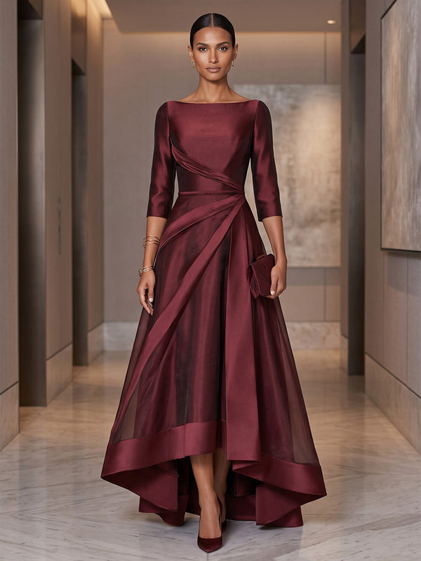 A-Line/Princess Scoop Neck Satin High-Low Formal Dresses with Ruched Waist